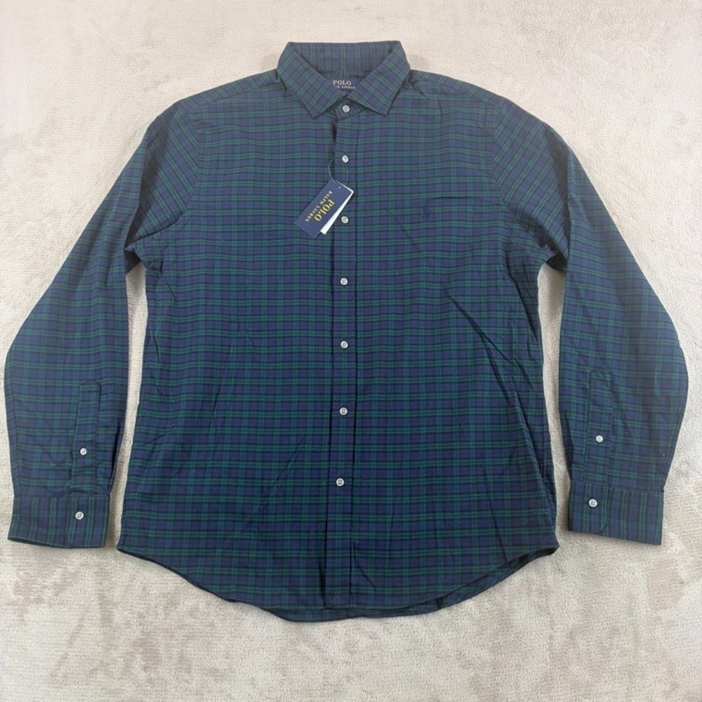 Polo Ralph Lauren Slim Fit Shirt in Green Navy Tartan Plain Men XL Pony NWT $138